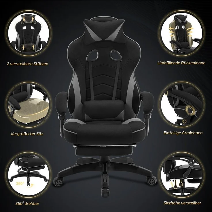WOLTU Gaming Stuhl Racing Stuhl Bürostuhl Chefsessel Schreibtischstuhl Sportsitz mit Kopfstütze und Lendenkissen, mit Fußstütze, Stoff, höhenverstellbar, Grau, BS83gr – Bild 3