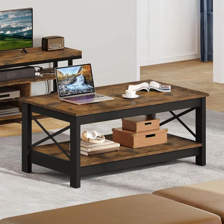 YITAHOME Couchtisch, Wohnzimmertisch, 2-stöckiger Dicker Holz Rechteckiger Couchtisch, X-Form Metal Side Support, Stabil 100 x 55,3 x 45 cm – Bild 6