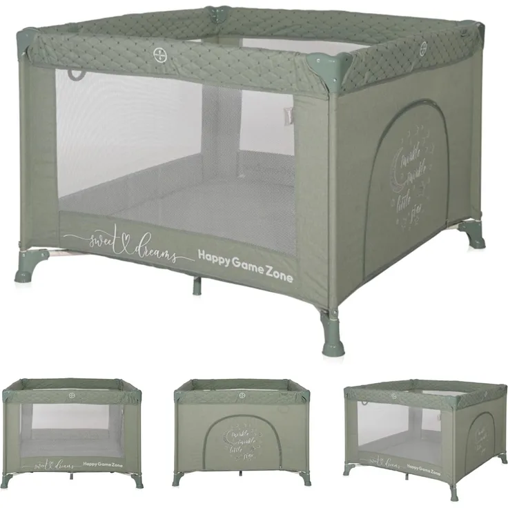 Lorelli Baby Laufstall Sunny Playground, kleiner Laufgitter 100x100 cm, Absperrgitter mit atmungsaktivem Netz, Schutzgitter mit Reißverschlusstür, faltbarer Krabbelgitter, grün