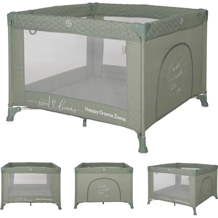 Lorelli Baby Laufstall Sunny Playground, kleiner Laufgitter 100x100 cm, Absperrgitter mit atmungsaktivem Netz, Schutzgitter mit Reißverschlusstür, faltbarer Krabbelgitter, grün