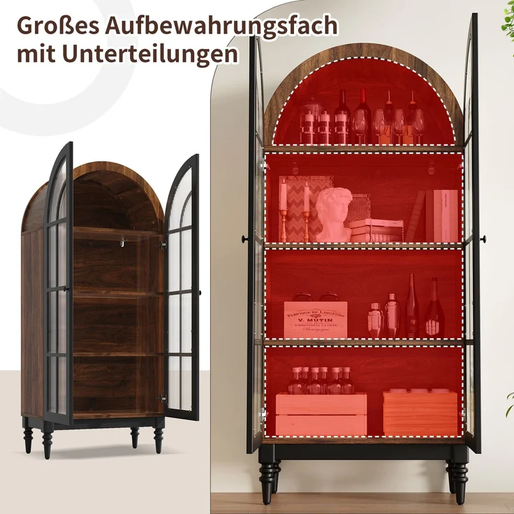 Hoher Bogen-Aufbewahrungsschrank, freistehende hohe Bogen-Aufbewahrungstür für Küche und Wohnzimmer,Küchenschrank, Aufbewahrungsschrank,Vitrine mit Glastüren,Schrank mit Holzmaserung, 2 Schränke – Bild 7