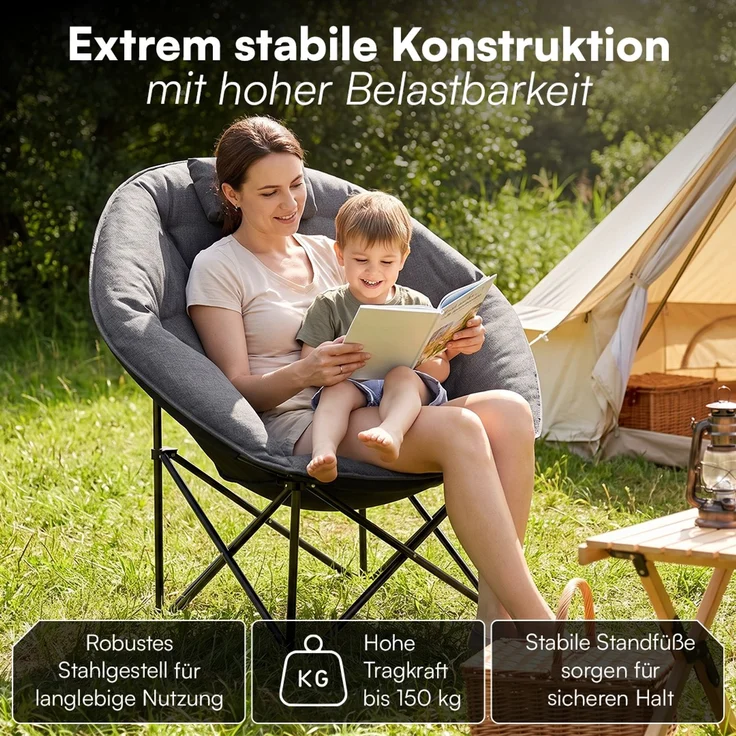 STEELSØN 'Hoggar' Moonchair faltbar, gepolsterter Campingstuhl grau, bis 150 kg, mit Kopfkissen und Tragetasche – Bild 6