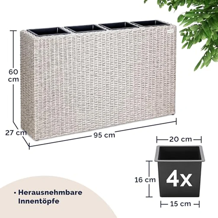 Casaria Pflanzkübel, 4 Innentöpfe Herausnehmbar Polyrattan 95x27x60cm Blumentopf Creme – Bild 4