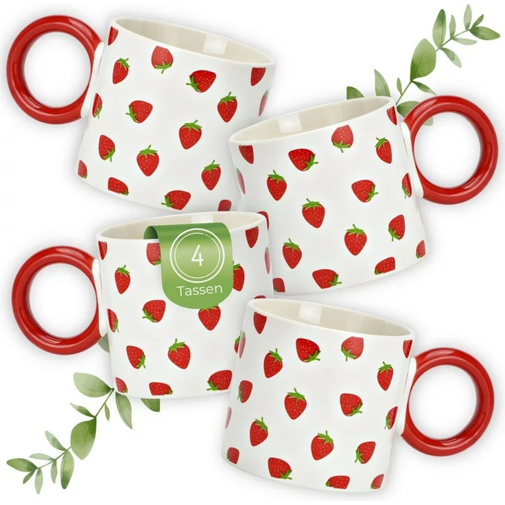 matches21 HOME & HOBBY Tasse Kaffeetassen Erdbeer Dekor, 4er Set Kaffeetasse Weiß Gelb, 4-tlg, Porzellan, Bunte Obst Frühstückstasse 330 ml – Bild 1