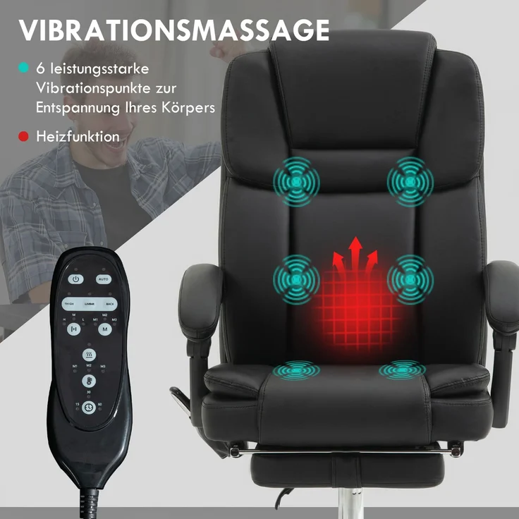 MELAYR, Verstellbarer Bürostuhl mit 6 Massagepunkten, Wärmefunktion, Fußstütze, Kunstleder, Schwarz, 66 x 67 x 126 cm – Bild 6
