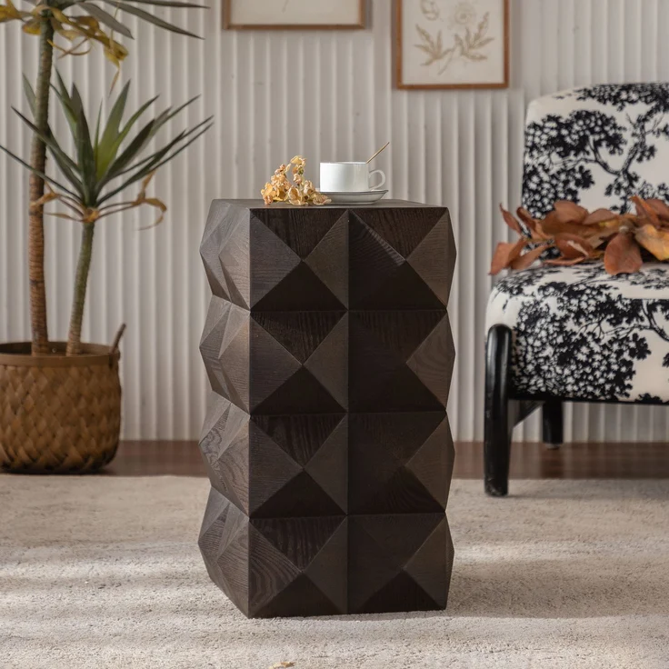 Beistelltisch aus Massivholz und MDF, Retro Couchtisch mit dreidimensionaler Reliefstruktur, Naturholz,Braun – Bild 2