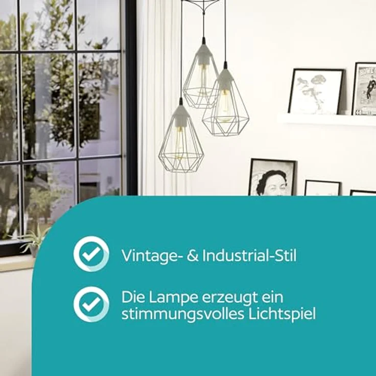 EGLO Cluster Hängelampe Tarbes, 3-flammige Pendelleuchte über Esstisch, Deckenlampe hängend aus Metall in Grau, Esszimmerlampe mit E27 Fassung, Ø 31 cm – Bild 3