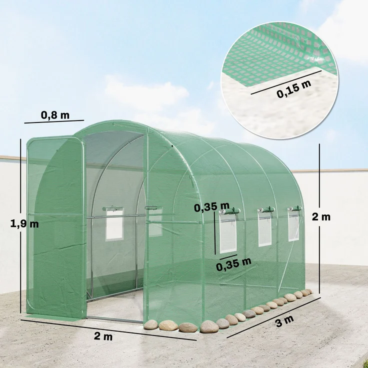MELAYR, Gewächshaus 3 x 2 x 2 m Foliengewächshaus mit Abschließbar Anschlag-Tür 6 Rollbar Netzfenster Stützstangen, Grün – Bild 5