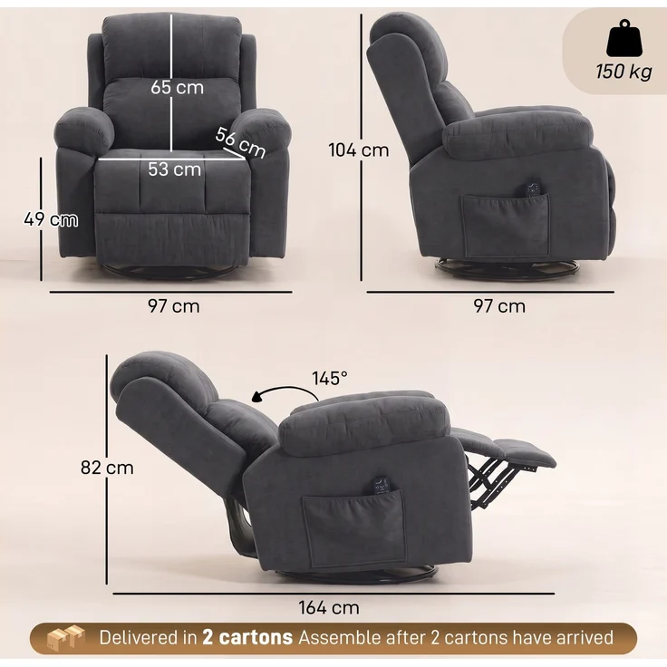 Wohnora-Relaxsessel Fernsehsessel 360° Drehbarer Massagesessel mit Wärme, Massage, Chenille-Optik, Dunkelgrau,H 1040cm x T 970cm x B 970cm – Bild 4