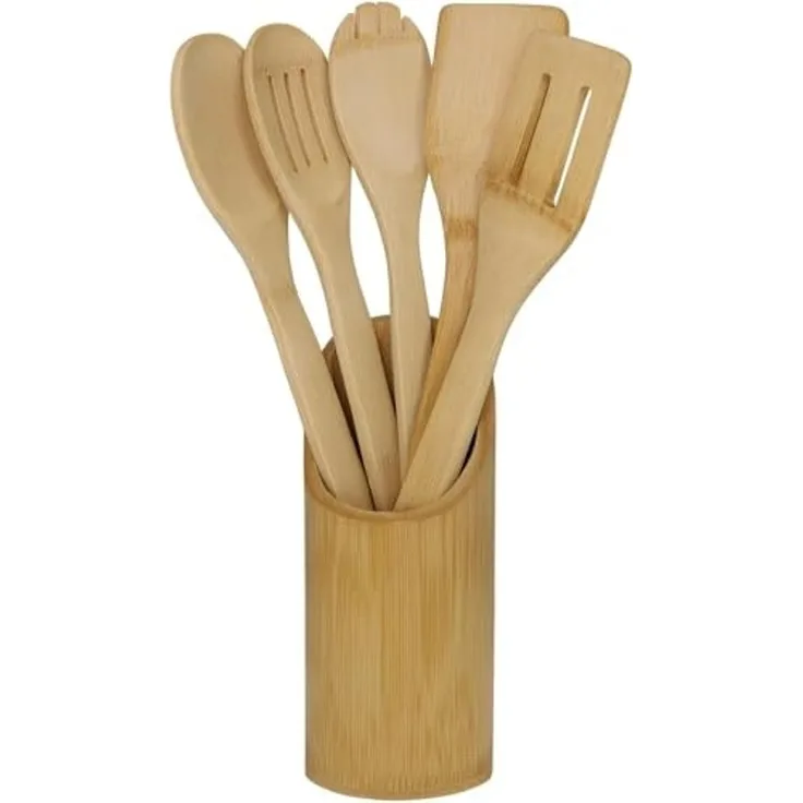 hausleben Kochbesteck-Set – 100% Bambus – 30 x 6 cm (6-tlg), umweltfreundlich – Langlebig – Schonend für Pfannen & Töpfe