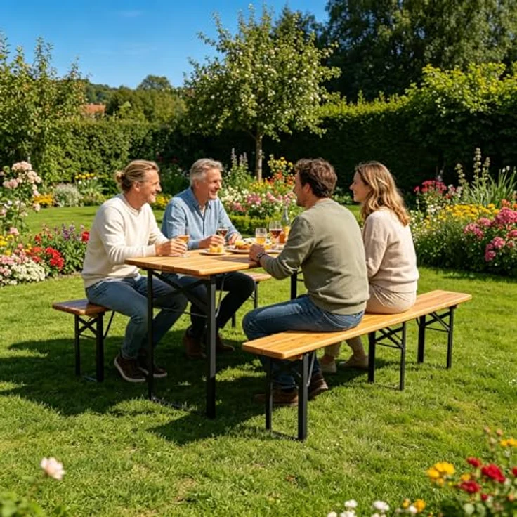 Ball & Cast Bierzeltgarnitur 3-teilig, Biertisch Klapptisch mit 2 Sitzbänken, Camping Tisch faltbar, Wetterfester Kiefer Massiv, Natur, 175 cm – Bild 1