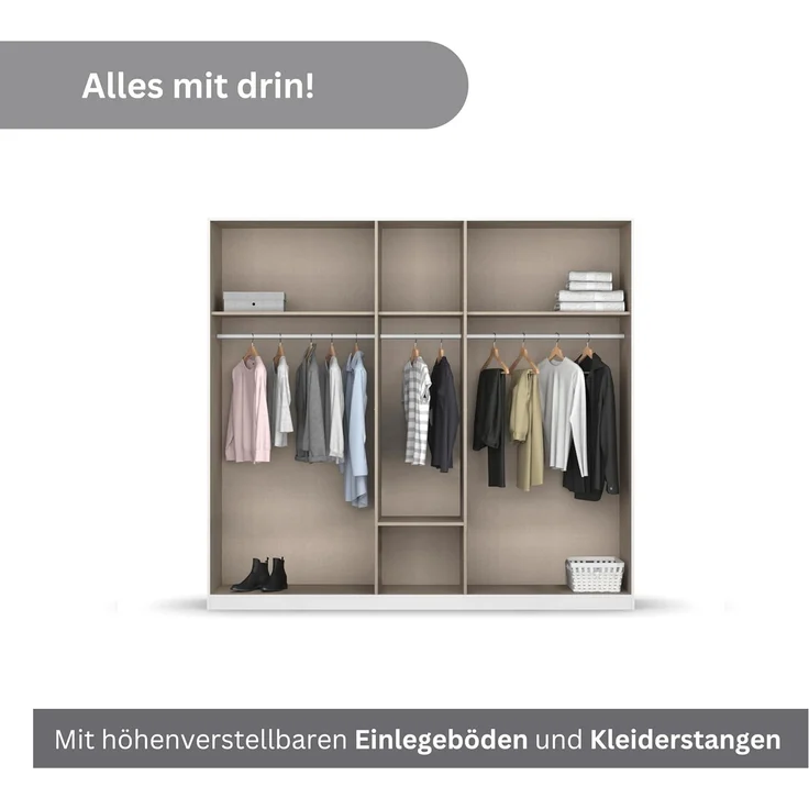 rauch Drehtürenschrank Kleiderschrank Schrank Garderobe Wäscheschrank BARI mit Spiegel mit Schubasten mittig, moderner Griff in Graumetallic MADE IN GERMANY – Bild 6