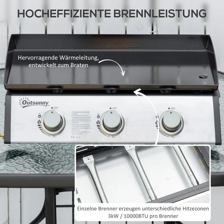 Outsunny Gasgrill, Edelstahl, Metall, Schwarz, 63L x 48B x 21H cm – Bild 4