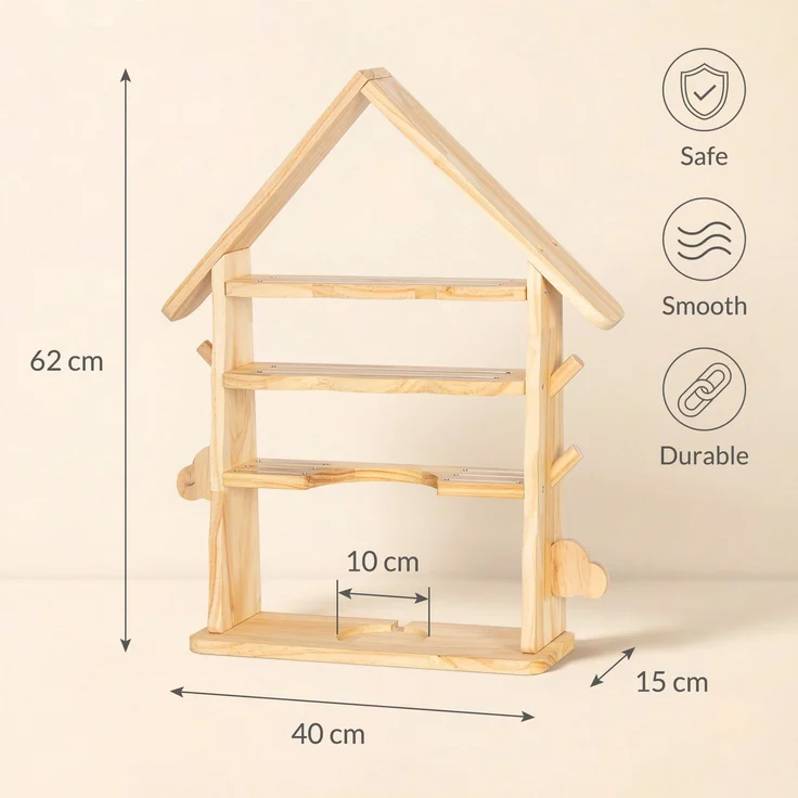 Todeco Toniebox Regal aus Holz, Magnetische Aufbewahrung für 30-40 Tonie Figuren, Verstärkte Magnetleisten, Seitenhaken, Freistehende Regale, Kinderregal für Mädchen & Jungen, Hausförmiger – Bild 2