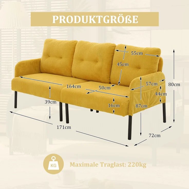 LVHOM 3-Sitzer Sofa mit Metallsockel, Polstersofa mit Seitentaschen, Loungesofa aus Cordstoff, Ergonomisches Stoffsofa, 171x72x80cm – Bild 6