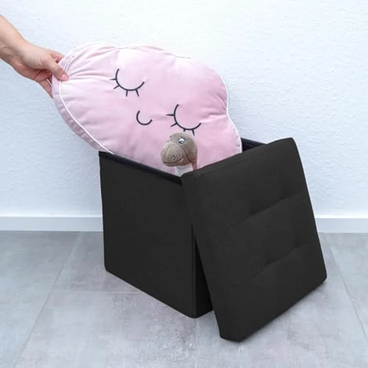 Intirilife Sitzhocker (Sitzwürfel mit Stauraum 30x30x30 cm in PIANO SCHWARZ - Fußablage), Faltbare Sitzhocker - aus Stoff mit Mulden - Aufbewahrungsbox Truhe – Bild 6