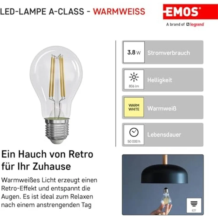 EMOS - LED-Lampe Filament A60 - A Klasse Vintage-Glühbirne - E27 Sockel - warmweiß - 806 lm - extra-sparsam, 3,8W (statt 60W Glühbirne) - 50 000 Stunden - Winkel 300 ° - CRI min. 80 – Bild 3
