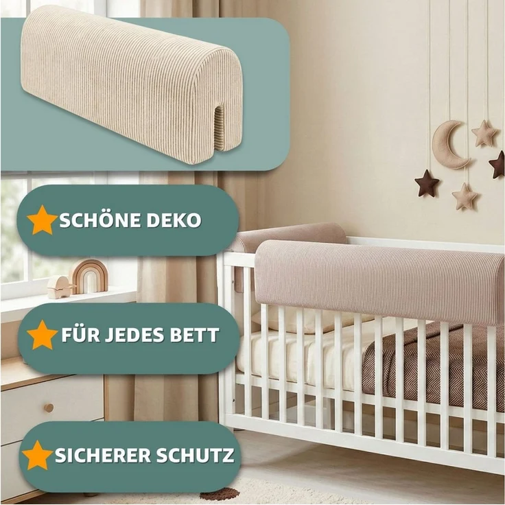 Bettkantenschutz für Kinderbetten 70 cm - Schutz für Bettrahmen Baby Bett rausfallschutz für boxspringbett bettgitter mit Bezug Kantenschutz Kinder Babybett Hellgrau – Bild 3