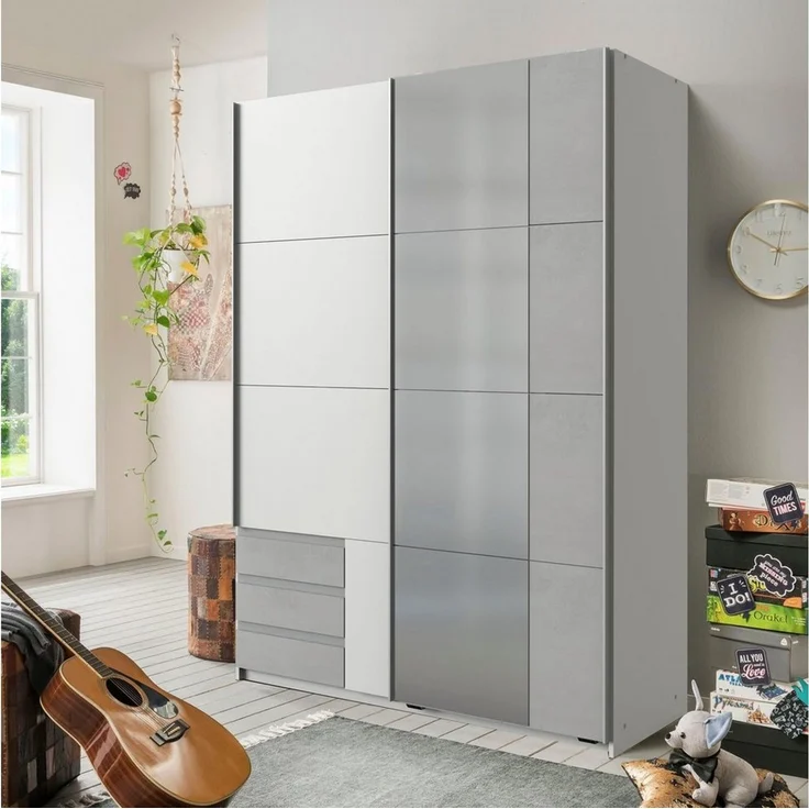 Schwebetürenschrank Emden Kleiderschrank mit Spiegel Ausführung weiß – Bild 1