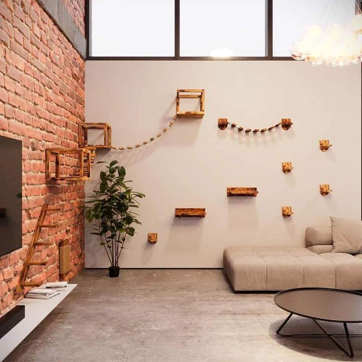 QLS Katzen-Kletterwand Deckenmontage und Wandmontage Geflammt 15-tlg, Set XXL Hängebrüke Katzenbett Katzenregal – Bild 8