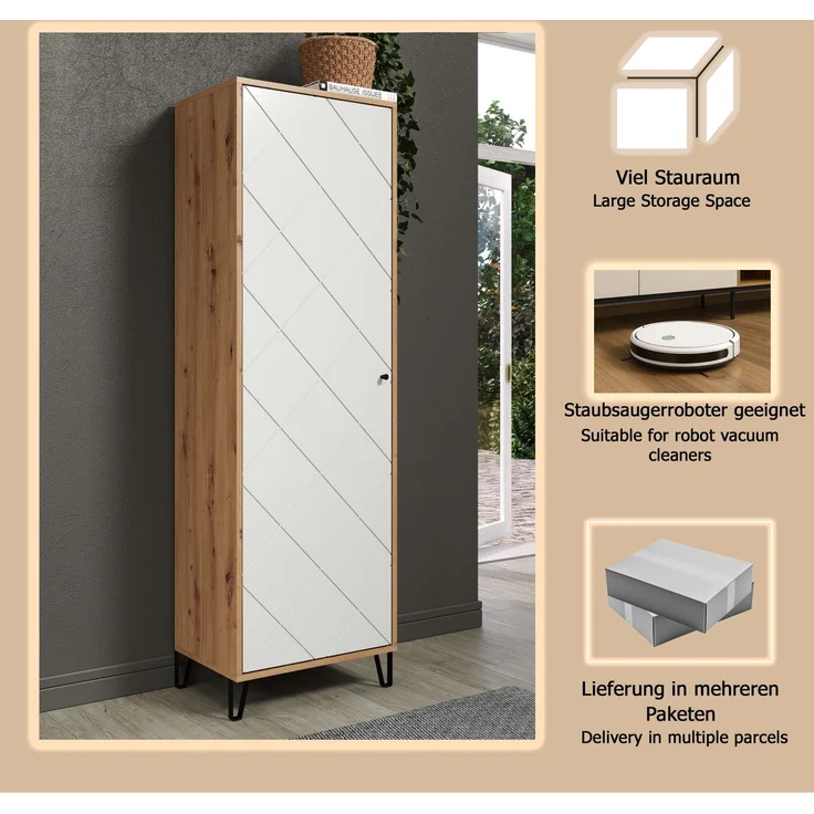trendteam smart living - Touch - Garderobenschrank - Eiche/Weiß - Kleiderschrank mit ausziehbarer Kleiderstange - Soft-Close - Elegante Metallfüße - (BxHxT) 63 x 194 x 40 cm - Moderne Rautenfräsung – Bild 12