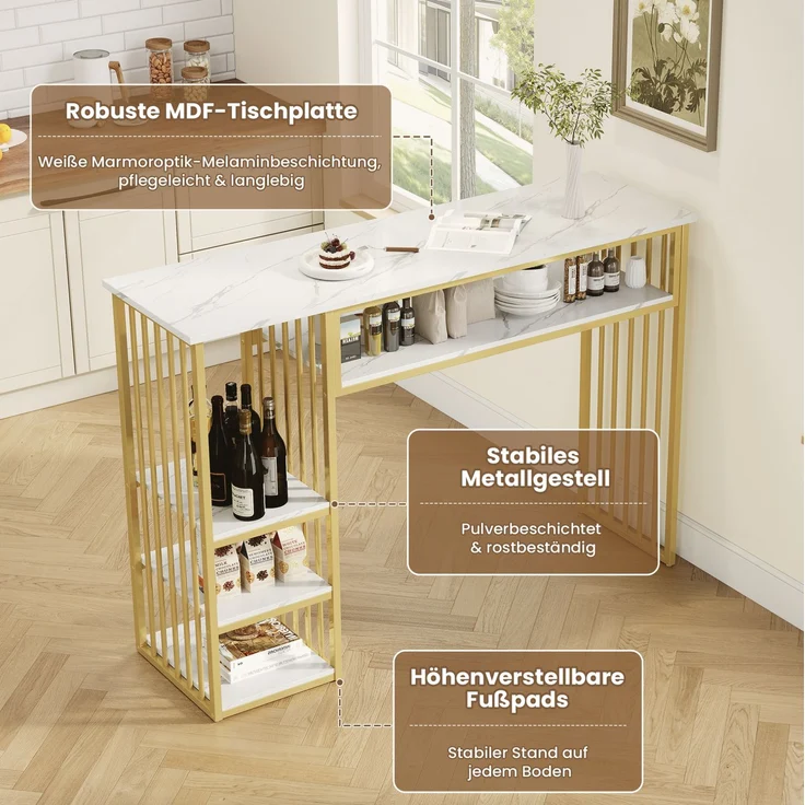 Bartisch mit Ablageflächen, MDF in Marmoroptik, 140x40x105 cm, Weiß/Gold – Bild 7