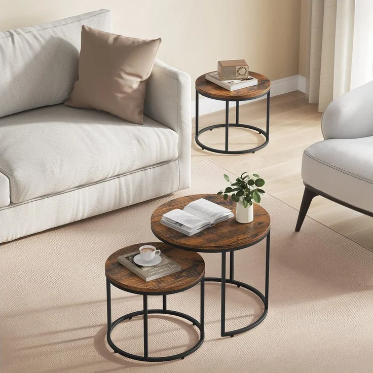 Home Collective Couchtisch 2er Set Beistelltisch Loft Design 2in1 Verschachtelung Wohnzimmer, kratzfeste Oberfläche 53cm & 43cm Rustikal-Eiche schwarzen Beinen rund – Bild 2