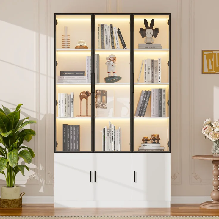 120*32*200cm Vitrine, Standvitrine mit 6 Schranktüren, Hochschrank, Glasvitrine mit LED, Wohnzimmerschrank 120 cm breit, Multifunktionsschrank, Großer Schrank, Weiß – Bild 1