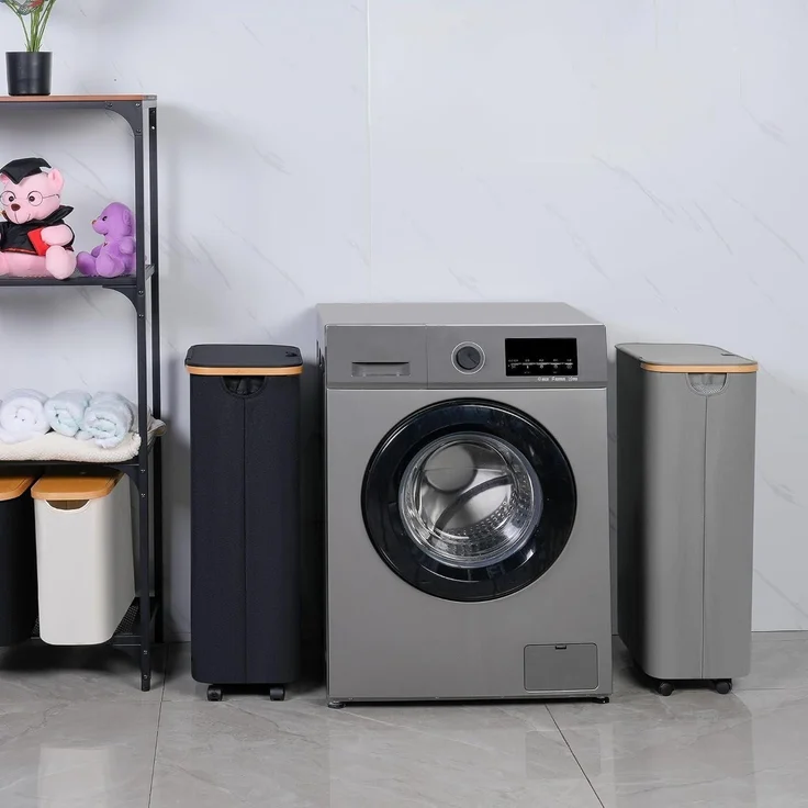 iEGrow Wäschekorb mit Rollen 75L, Grau, Deckel, Bambusgriffe, Herausnehmbarer – Bild 6