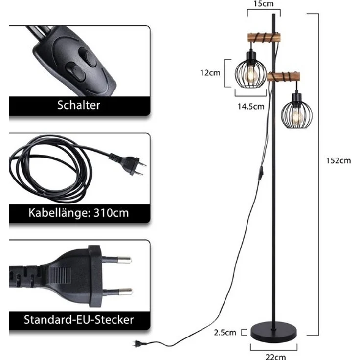 Nettlife Stehlampe Stehleuchte 2 Flammig schwarz Vintage aus Holz 151cm, mit Kippschalter, LED wechselbar, für Wohnzimmer schlafzimmer Esszimmer Büro – Bild 4