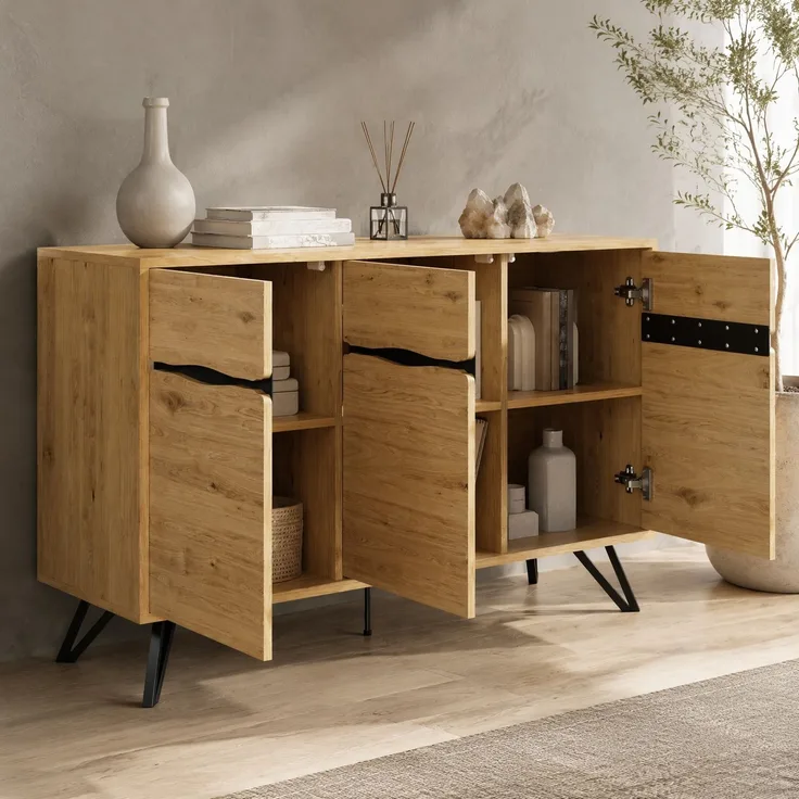 DESVIAE Sideboard mit 3 Türen 140x75,5x40 cm aus Spanplatte in Holzfarbe und Schwarz