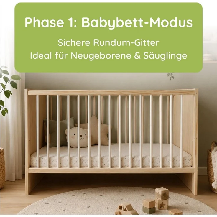 Kids Collective Babybett Kinderbett Gitterbett 60x120/70x140 cm modular & höhenverstellbar Holz, verschiedene Varianten wählbar, massives Holz, ab Geburt Natur – Bild 4