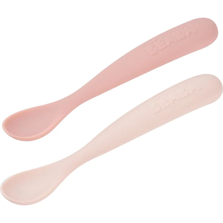 BÉABA 2er-Set Silikon-Babylöffel ab 4 Monaten – Weich, Abgerundete Spitze, Langer Ergonomischer Griff, Transportbox, Staubabweisendes Finish – Farben Zuckerwatte/Marshmallow