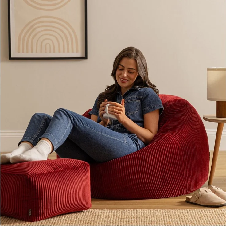 Icon Kingston Sitzsack mit Hocker Cord, Burgund, Sitzsack Erwachsene mit Füllung, Bean Bag, Cord Sessel, Lounge Sessel, Lounge Stuhl, Schlafzimmer, Wohnzimmer, Wohnzimmer Möbel – Bild 1