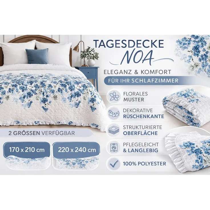 Eurofirany Tagesdecke Blaue Tagesdecke NOA, Florale Tagesdecke mit Rüschen, dekorativer Bettüberwurf
