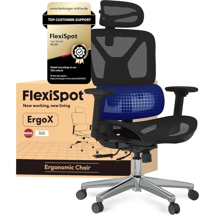 FLEXISPOT Ergonomischer Bürostuhl Schreibtischstuhl, 3D-Armlehnen, 3D-Kopfstütze, 5D-verstellbare Rückenlehne, Atmungsaktiver Sitz Belastbar bis 136 kg Arbeitsstuhl, ErgoX, Schwarz