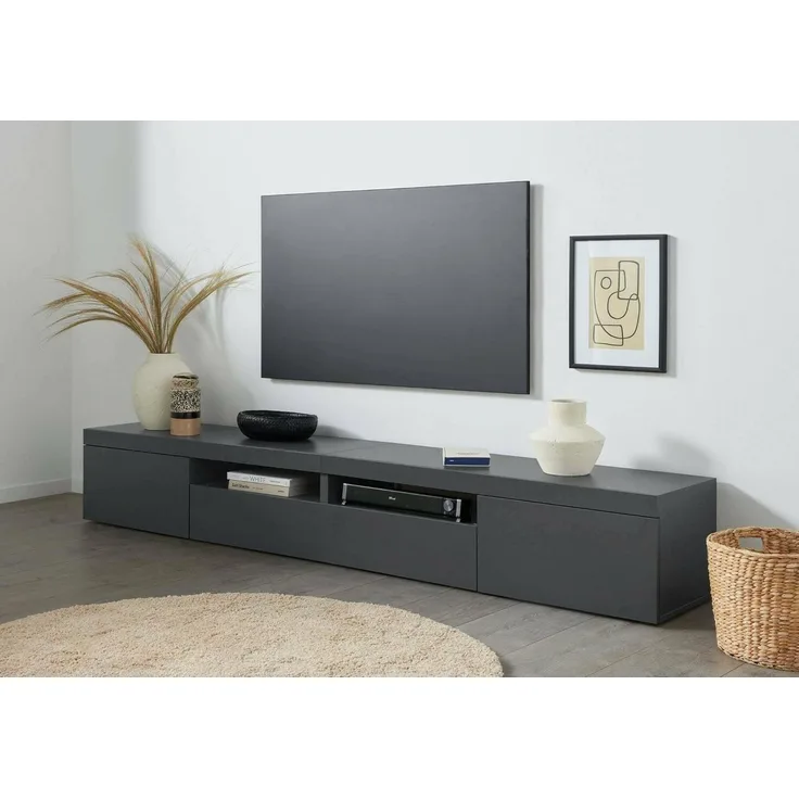 Dmora Schrank Ulisse, Lowboard für Wohnzimmer mit 3 Türen, TV-Ständer, 240 x 40 x 35 cm, Anthrazit, Länge 240 cm