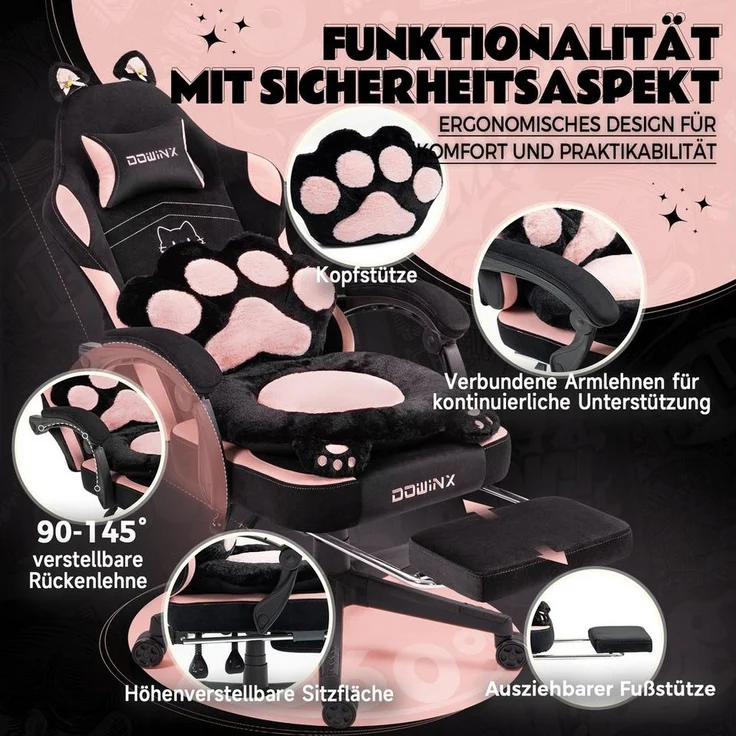 Dowinx Gaming-Stuhl Niedlich mit Katzenohren, Pfoten-Lendenkissen und Sitzkissen, (Packung), Ergonomischer Computerstuhl mit Fußstütze, PC-Spiele-Stuhl für Mädchen – Bild 3