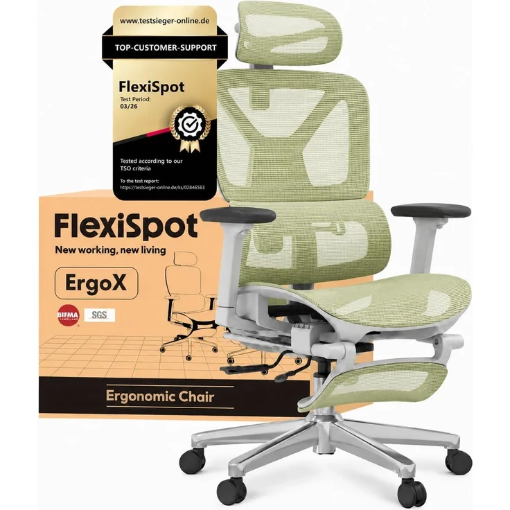 FLEXISPOT Ergonomischer Bürostuhl ErgoX Grün | 3D-Armlehnen, 3D-Kopfstütze, 5D-verstellbare Rückenlehne, Atmungsaktiver Sitz Belastbar bis 136 kg Arbeitsstuhl