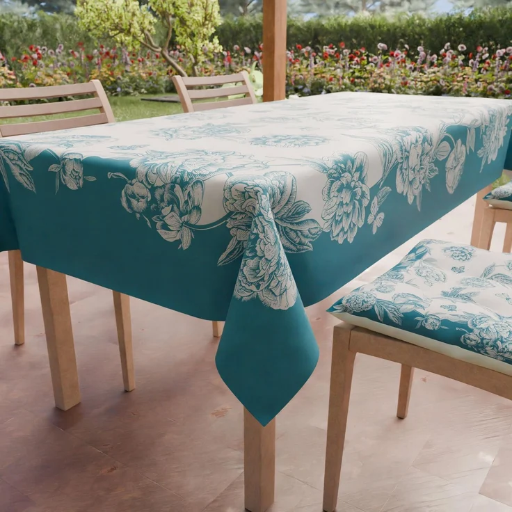 Petti Artigiani Italiani - Fleckabweisende Tischdecke, rechteckig, für Küche, Design Pfingstrosen, Petrol, für 6 Plätze (140x180 cm)