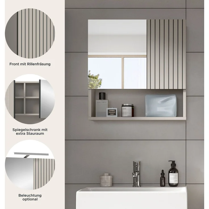 xonox. home – Spiegelschrank Mone 60 x 55 x 17 cm in Kaschmir Nachbildung – Badspiegel mit 1 Spiegeltür, 4 geschlossenen & 1 offenem Fach – Stilvolle Optik, kompakt & eine perfekte Ergänzung für Ihr Bad – Bild 8