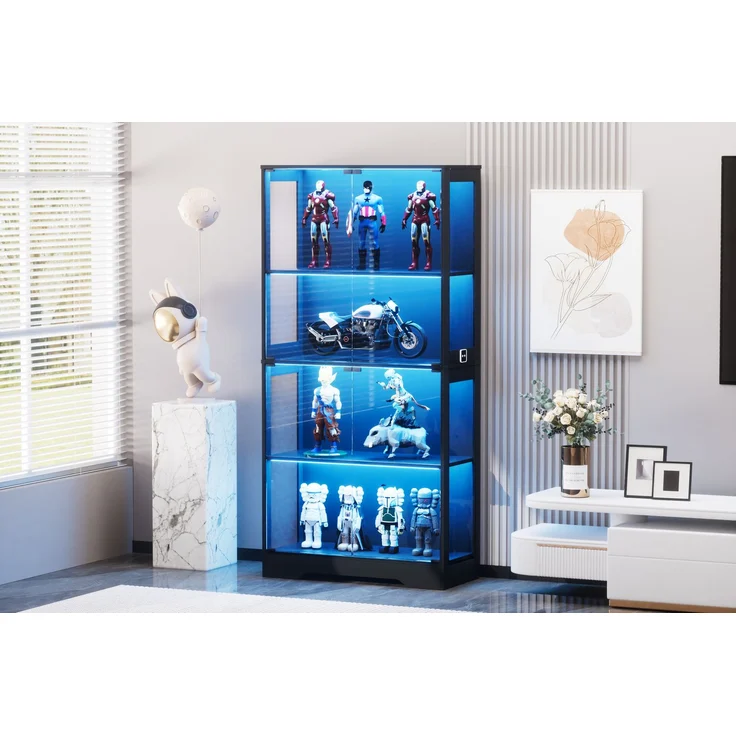 Vierstöckige Glasvitrine mit Stauraum, LED-Beleuchtung, Glastüren und intelligenten Sensoren, Als Glasvitrine für Wohnzimmer, Schlafzimmer und Büros geeignet, Schwarz--Schwarz--80x35x165cm--YOUDENOVA – Bild 5
