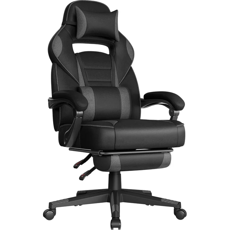 SONGMICS Gaming-Stuhl, Bürostuhl mit Fußstütze, Schreibtischstuhl mit Kopfstütze und Lendenkissen, höhenverstellbar, ergonomisch, bis 150 kg belastbar, tintenschwarz-schiefergrau OBG073BH20
