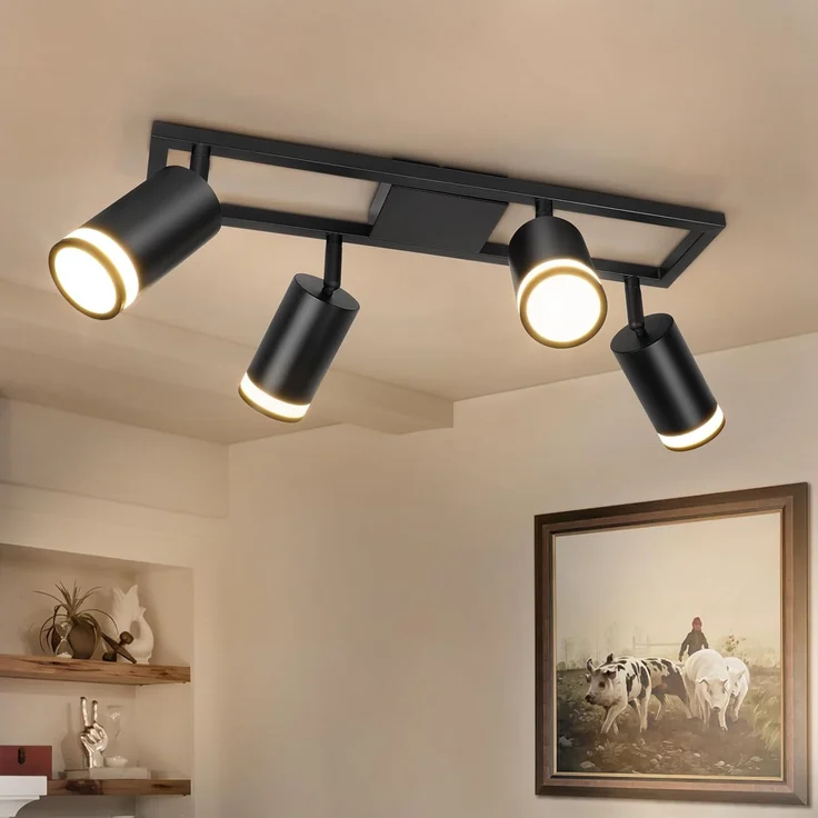 Dehobo LED Deckenstrahler 4 Flammig Schwarz GU10, Deckenlampe Strahler Schwenkbar 350°, Deckenspots für Küche Schlafzimmer Wohnzimmer, Ohne Leuchtmittel – Bild 1