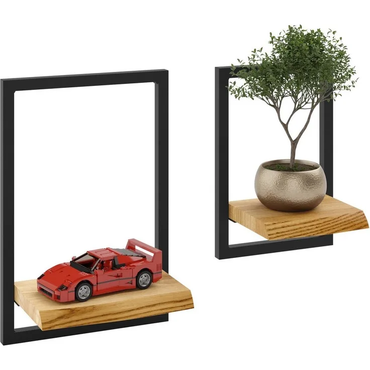 LAMO Manufaktur Wandregal Holz Set 2 St. 15/20 cm Farbe: Rustikal, Rahmen: Schwarz, Schweberegal Massiv 100% Echtholz, Tassenregal für Küche, Bildregal, Parfüm Regal für Badezimmer