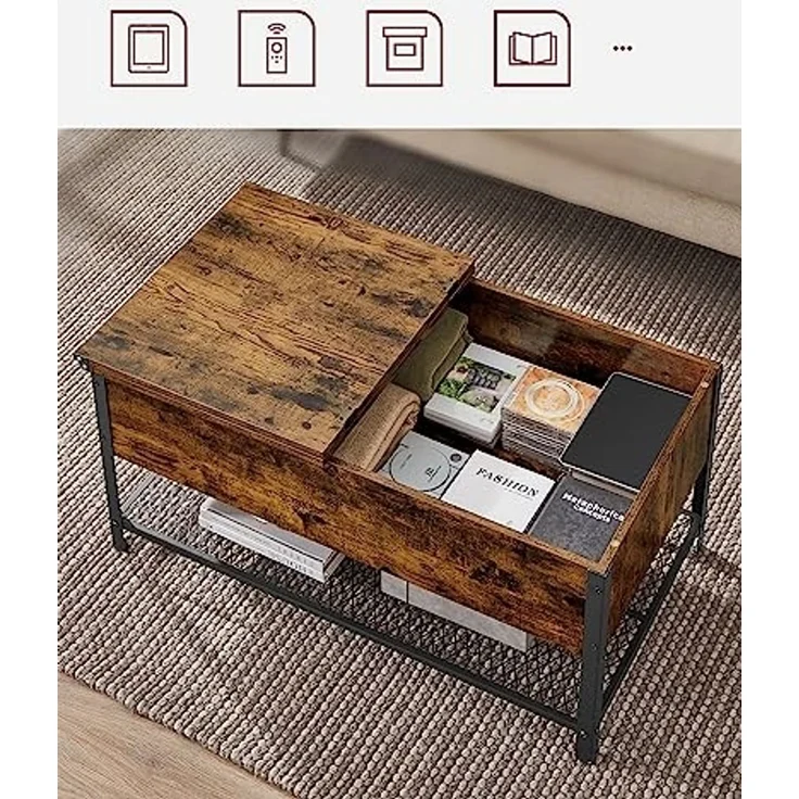 Couchtisch, Wohnzimmertisch mit Klappplatte, verstecktem Stauraum und Gitterregal, Stahlrahmen, für Wohnzimmer – Bild 4