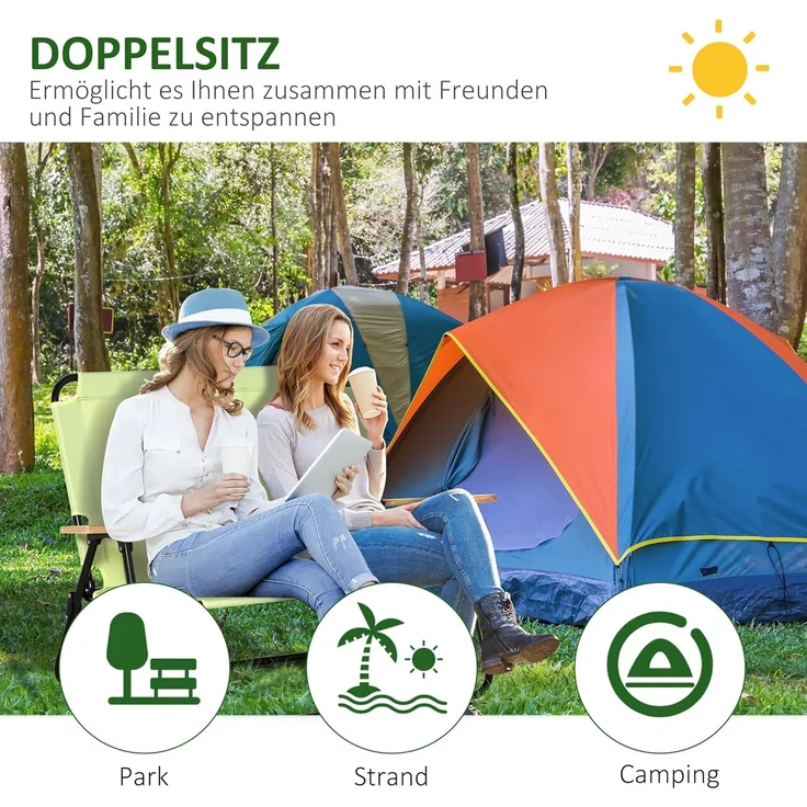 Outsunny Campingstuhl Gartenstuhl, 2-Sitzer Regiestuhl (Klappstuhl mit Getränkehalter, 1 St), für Outdoor, max. Belastung 160 kg, Hellgrün – Bild 4