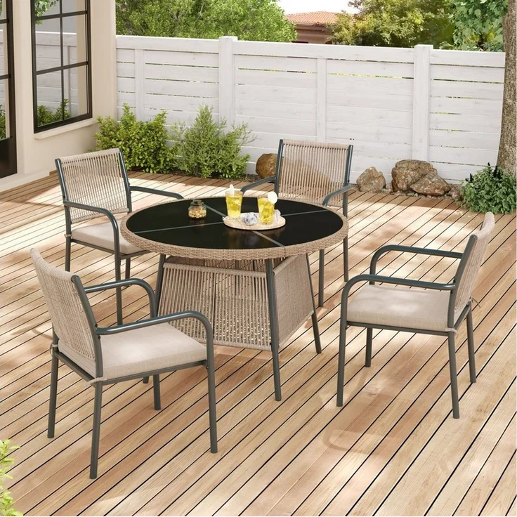OKWISH Sitzgruppe Stuhl-Set 5-tlg. mit rundem Tisch 110x74 cm, 4 Armlehnstühle, (Set, 5-tlg, Modernes Gartenmöbel-Set aus Rattan), Eisengestell, Geeignet für Terrasse/Balkon/Deck – Bild 2