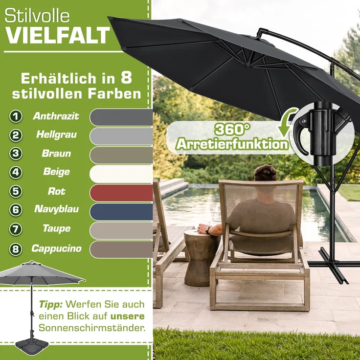 tillvex Sonnenschirm Anthrazit Ø 350 cm Ampelschirm Gartenschirm Marktschirm Kurbel Balkon Alu Neigbar Anthrazit - Ø350cm – Bild 5