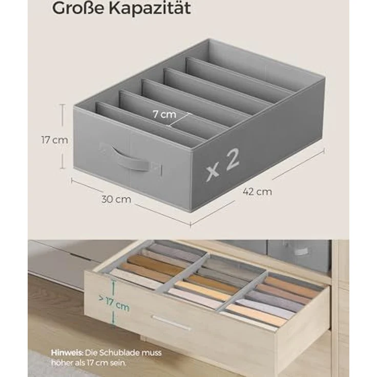 SONGMICS Kleiderschrank-Organizer 2er Set, Aufbewahrungsbox 6 Fächer, Schubladen-Ordnungssystem, Ordnungsboxen faltbar, 42 x 30 x 17 cm, für Hosen, Kleidung, Taubengrau RUSDE009G02 – Bild 4